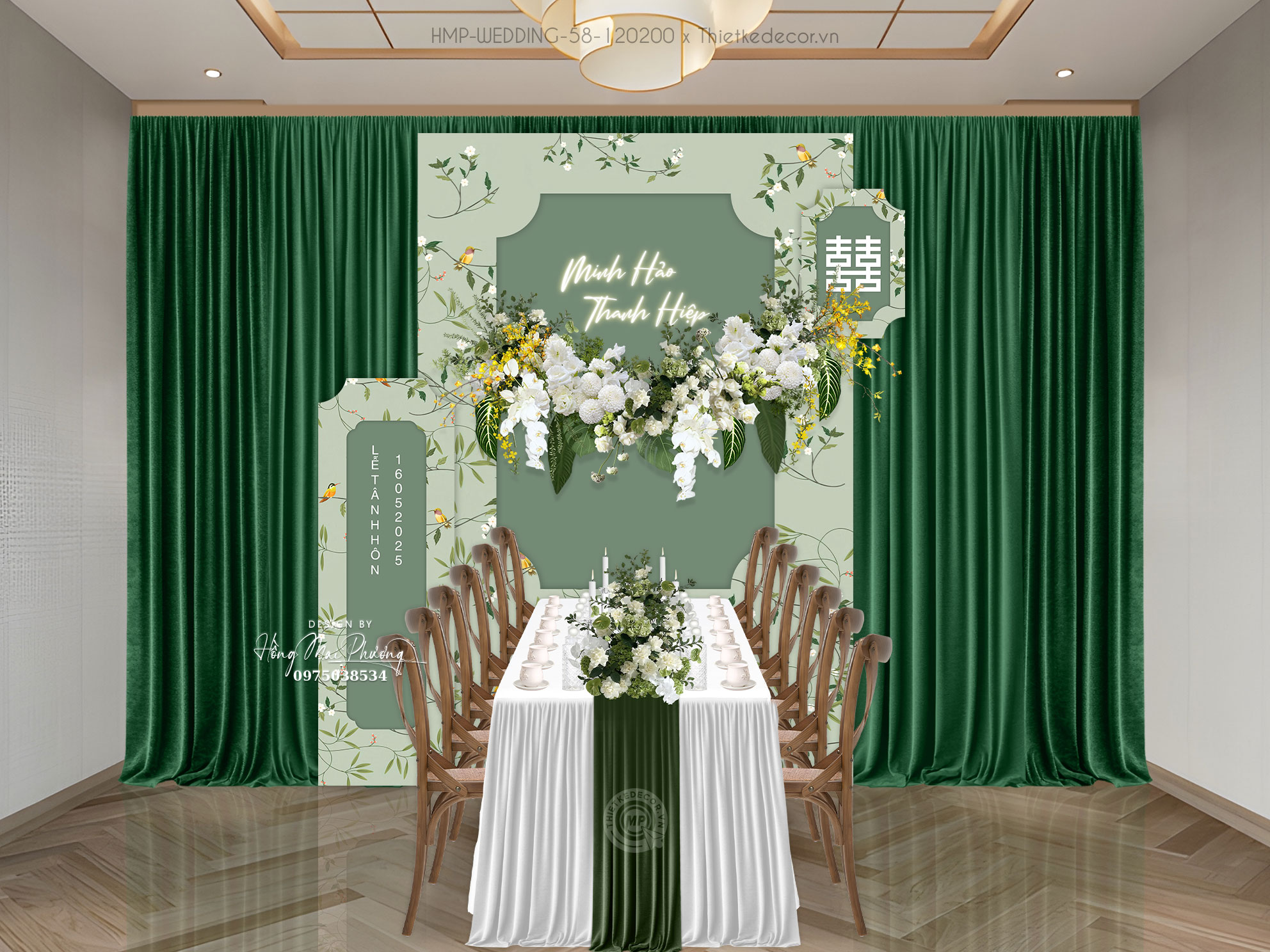 Gia tiên tone xanh họa tiết chim cành